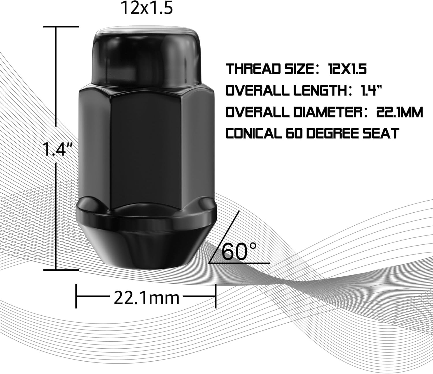 20PCS 1.4″ 12X1.5 Closed End Bulge Acorn Black Lug Nuts – Cone Seat 19Mm Hex