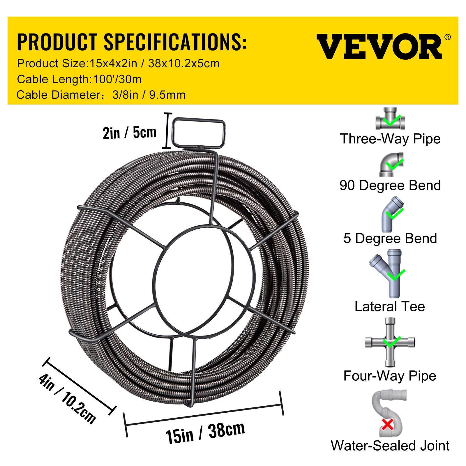 VEVOR Drain Cable Sewer Cable 100Ft 3/8In Drain Cleaning Cable Auger Snake Pipe
