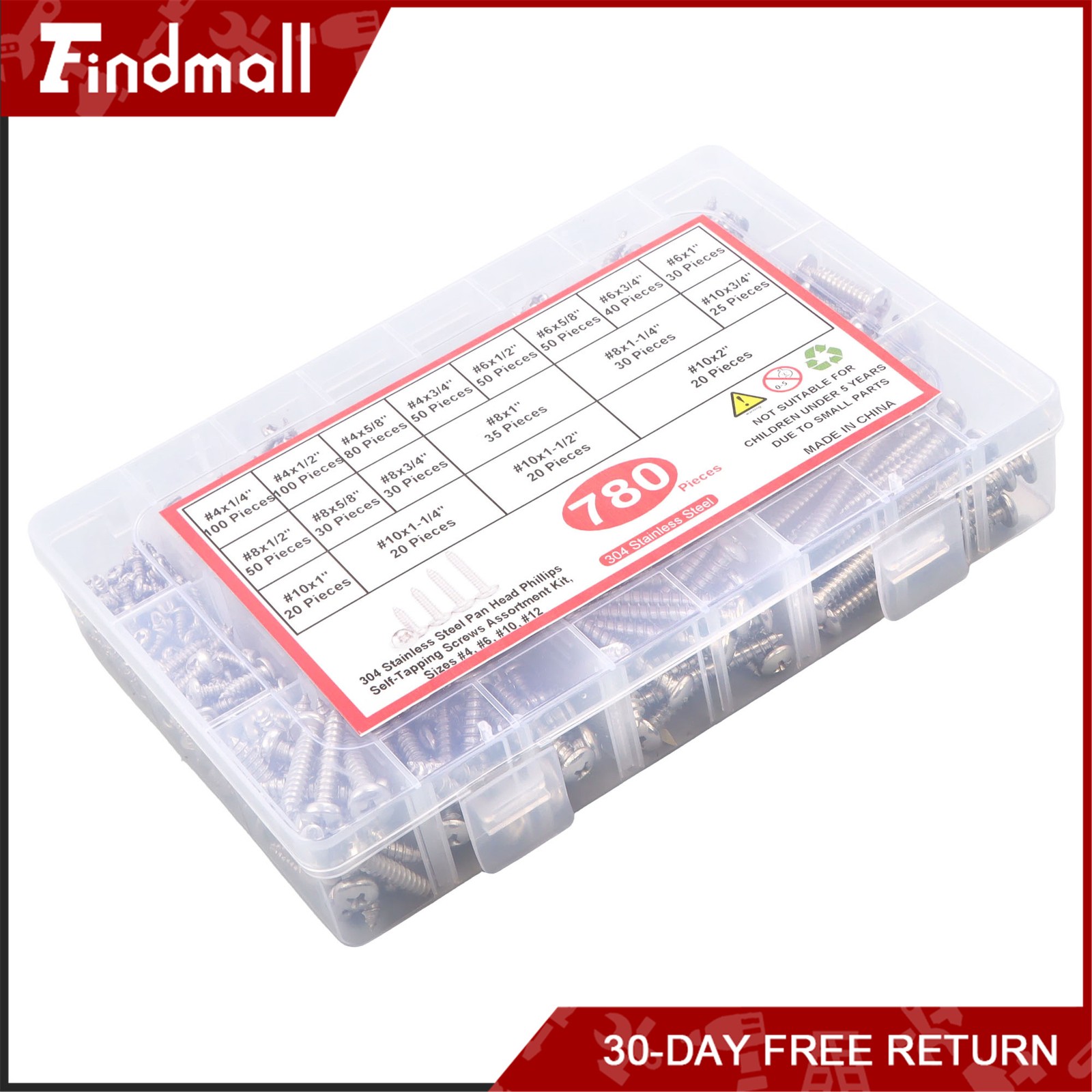 Findmall 780 PCS Pan Head Sheet Metal Screws Assortment Kit #4#6#8#10 Stainless