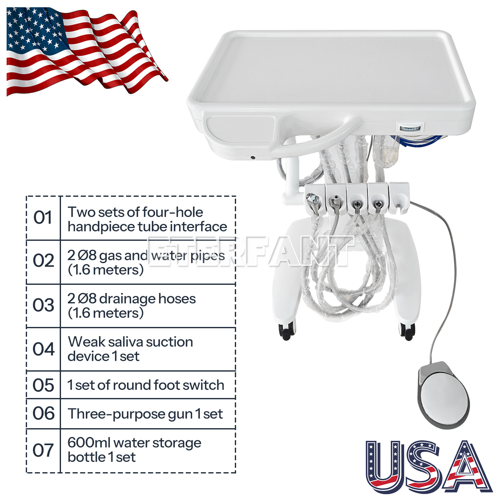 4Hole Dental Portable Mobile Delivery Unit System Cart Treatment Work Compressor