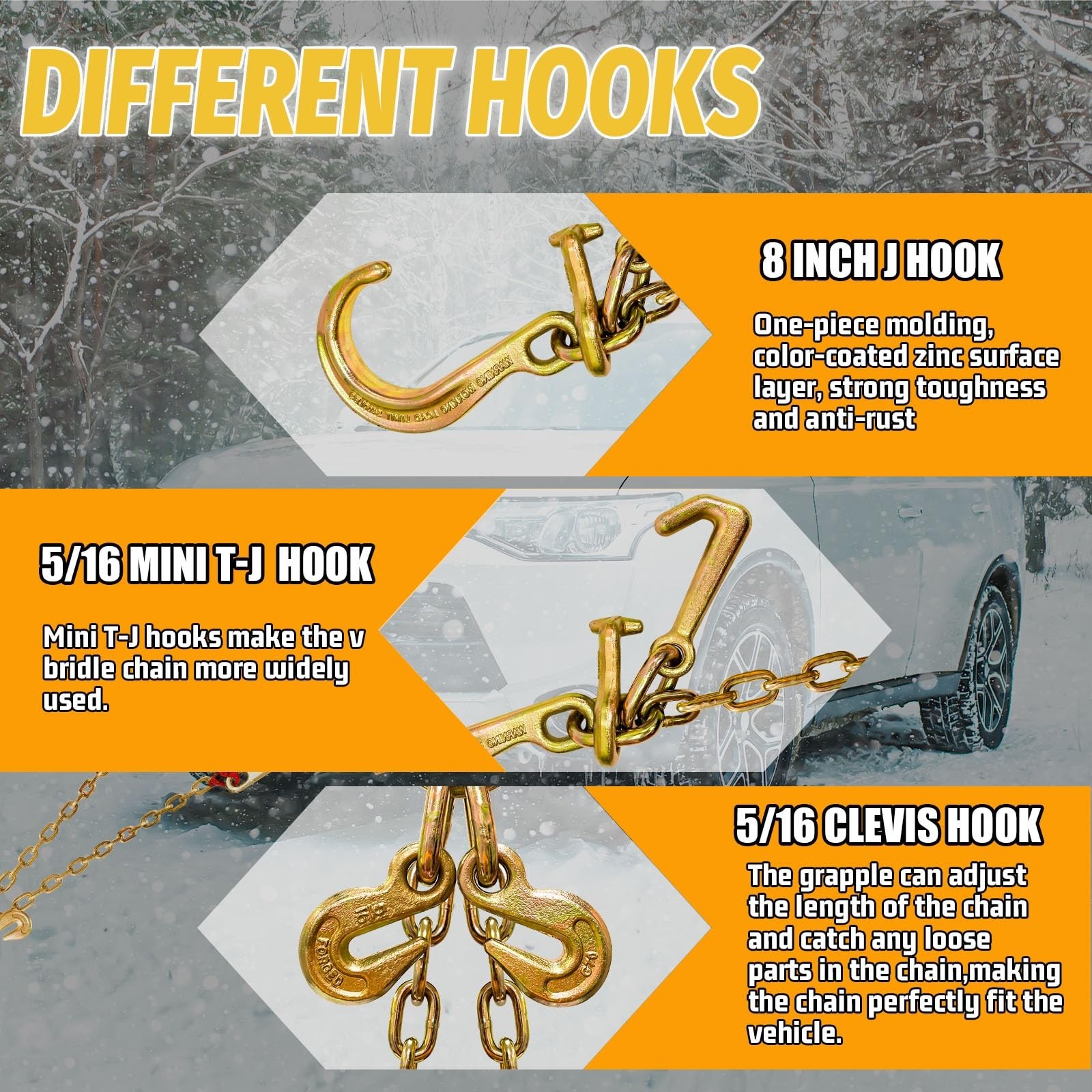 G80 V Bridle Chain 5/16 in × 2 Ft Tow Chain with 8 in J Hooks and Grab Hook