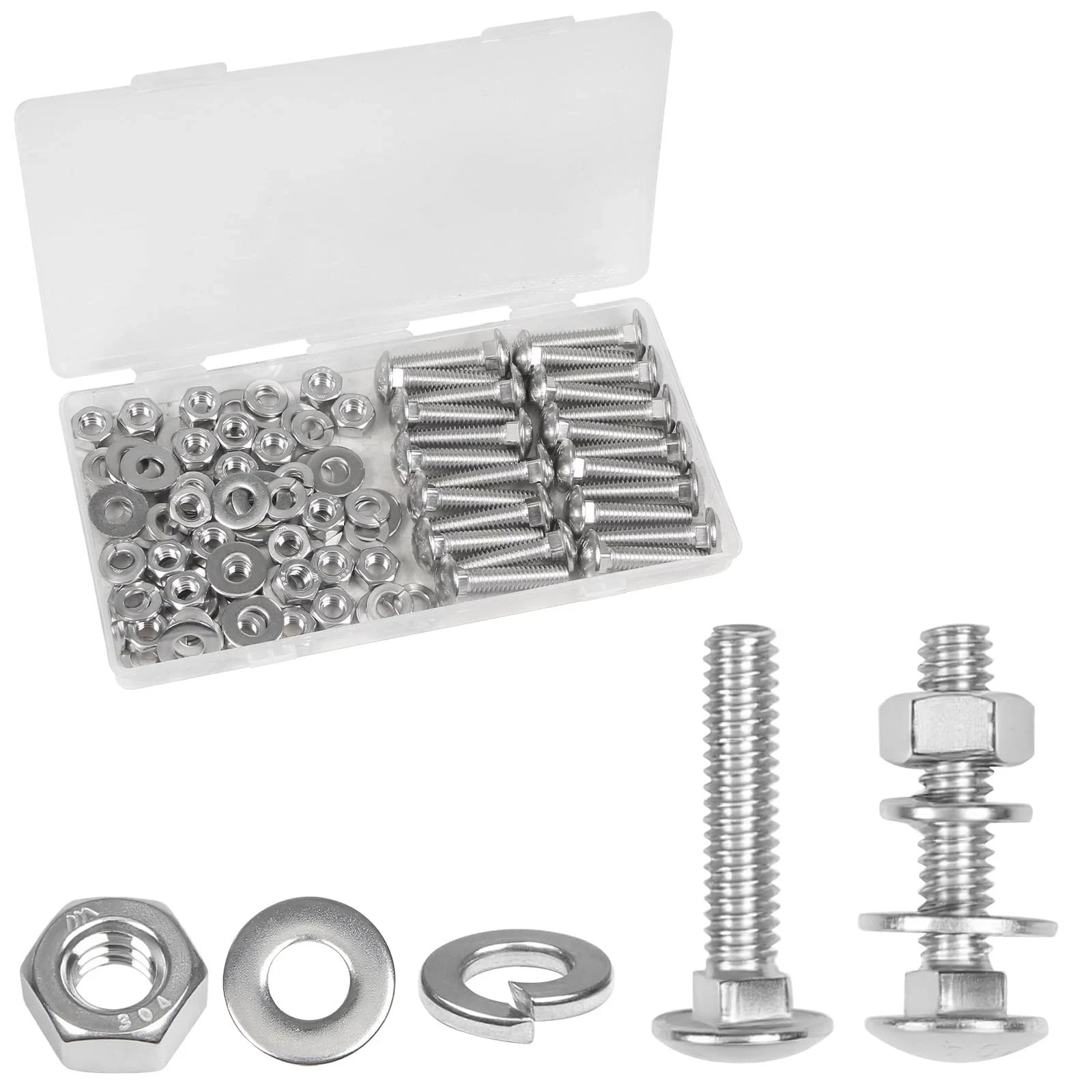 24 Sets 1/4-20 x 1-1/4″ Carriage Bolts Screws, 304 Stainless Steel Round Head…