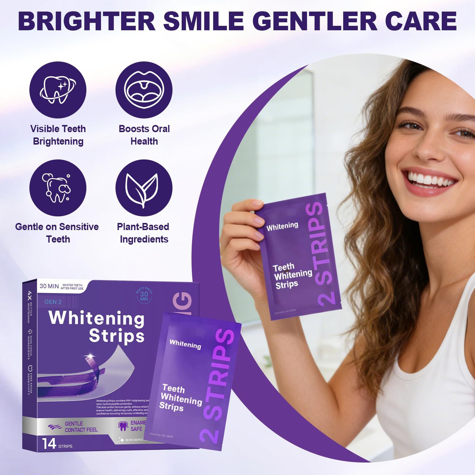 Purple Teeth Whitening Strips, Gentle Daily Use 14 Count (Pack of 2),
