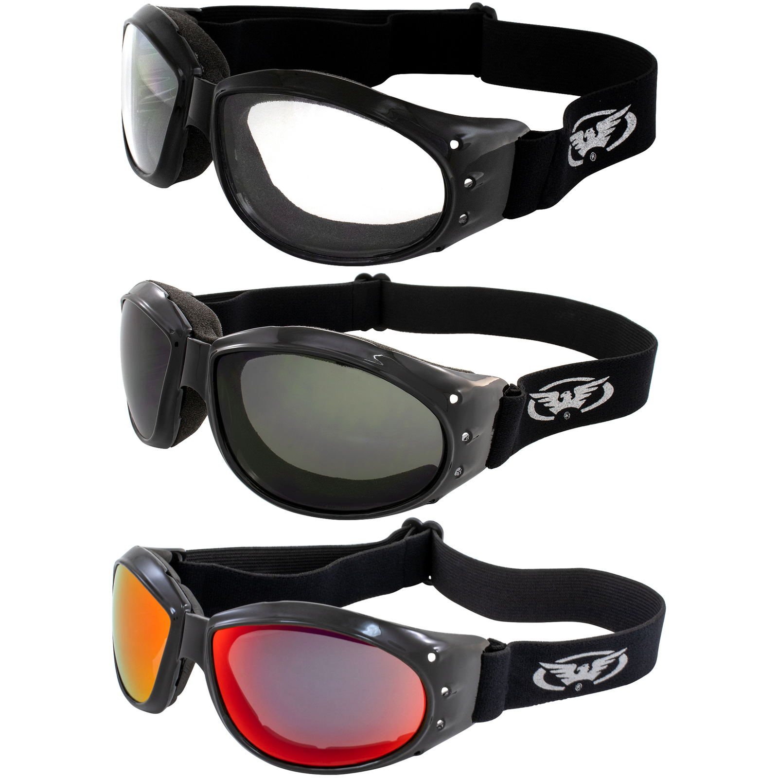 3 Pairs of Global Vision Eliminator Goggles Black with Clear Smoke & Red Lenses