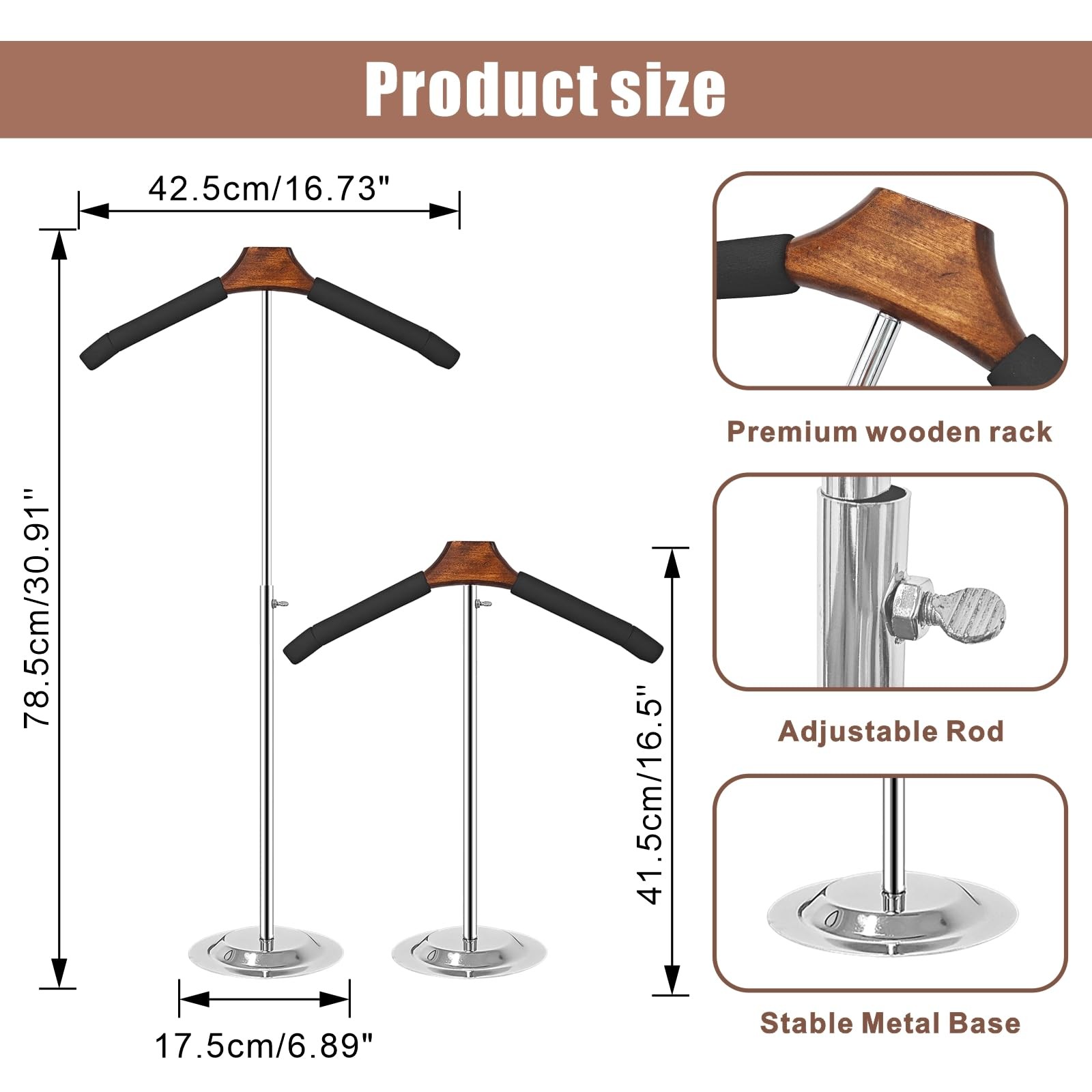 Eunika 2 Pack Adjustable T Shirt Display Flexible 16-31 inches, Brown