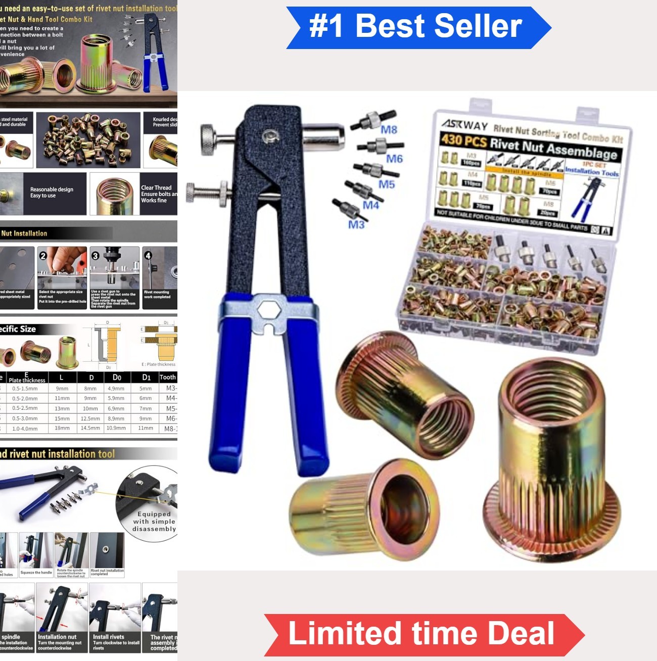 Rivet Nut Tool Kit 430 Pcs M3 M4 M5 M6 M8 Metric Thread Hand Tool for Automotive