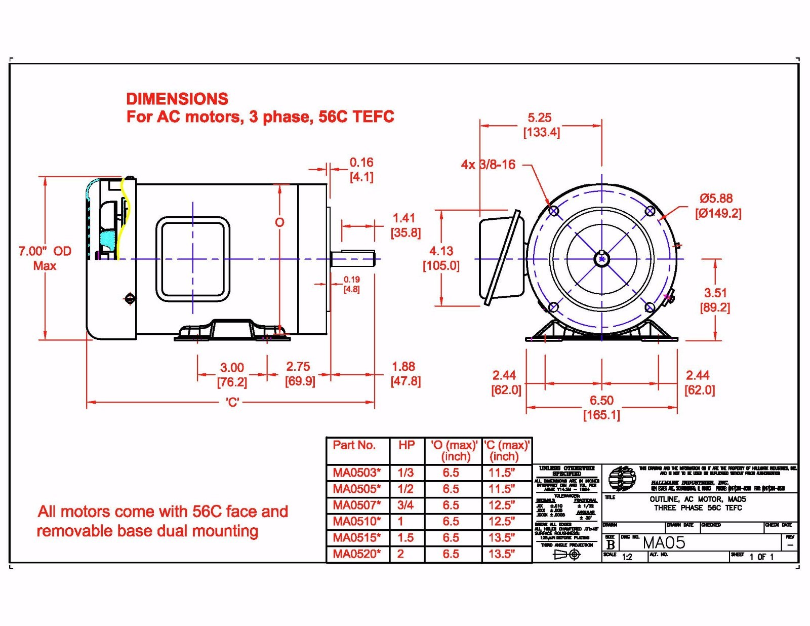AC MOTOR, 2HP, 1725RPM, 3PH, 206-230V/460V, 56C/TEFC, WITH BASE