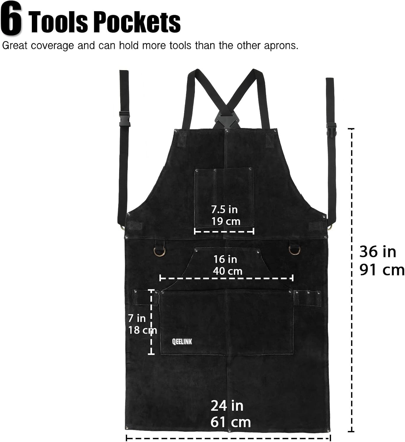 Flame-Resistant Leather Welding Apron, 6 Tool Pockets