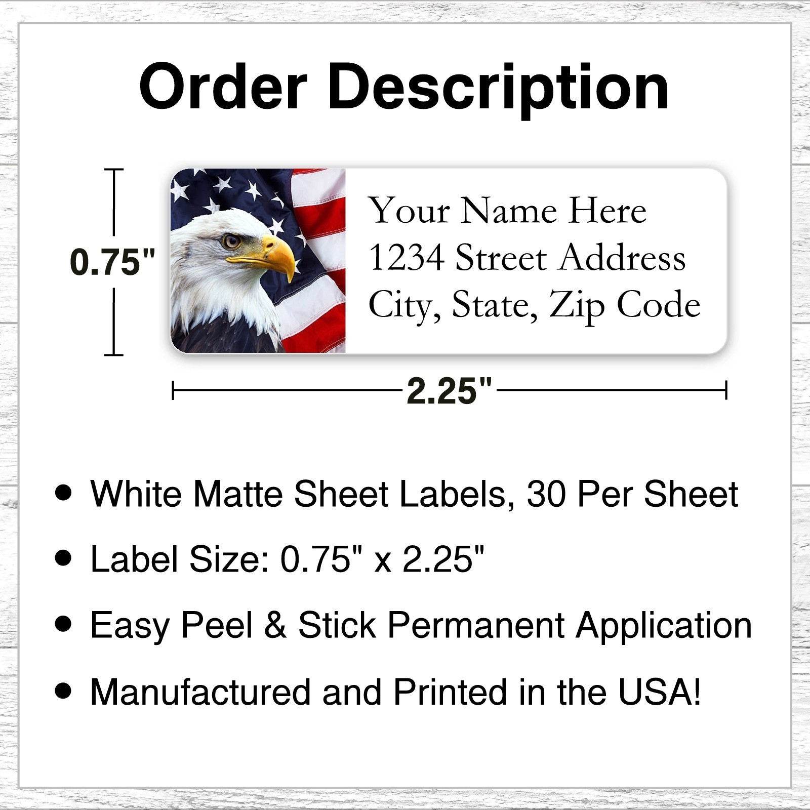 60 Return Address Labels Personalized Printed 3/4 x 2 1/4 American Eagle & Flag