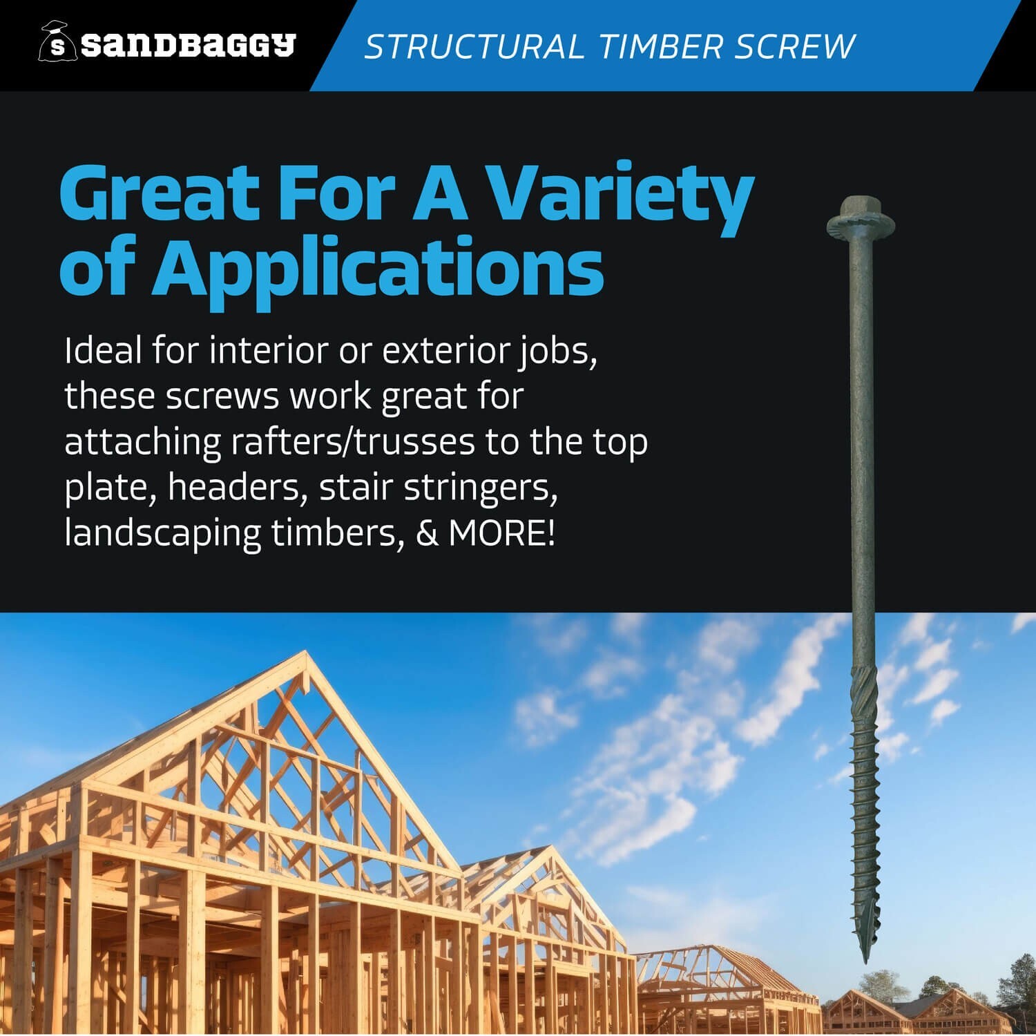 Sandbaggy 6″ Structural Timber Screws – Countersunk (Hex Head) – Wood Lock Screw