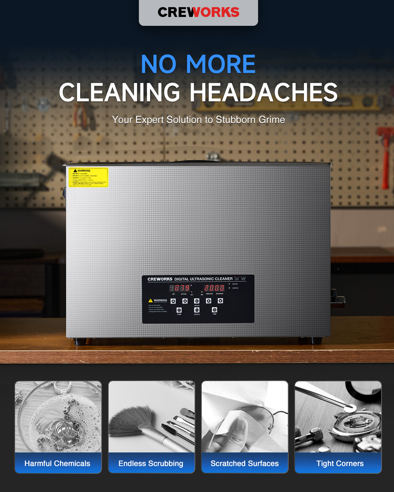 CREWORKS 30L Ultrasonic Cleaner with Control Panel 1-30 min. Timer & Degas Mode