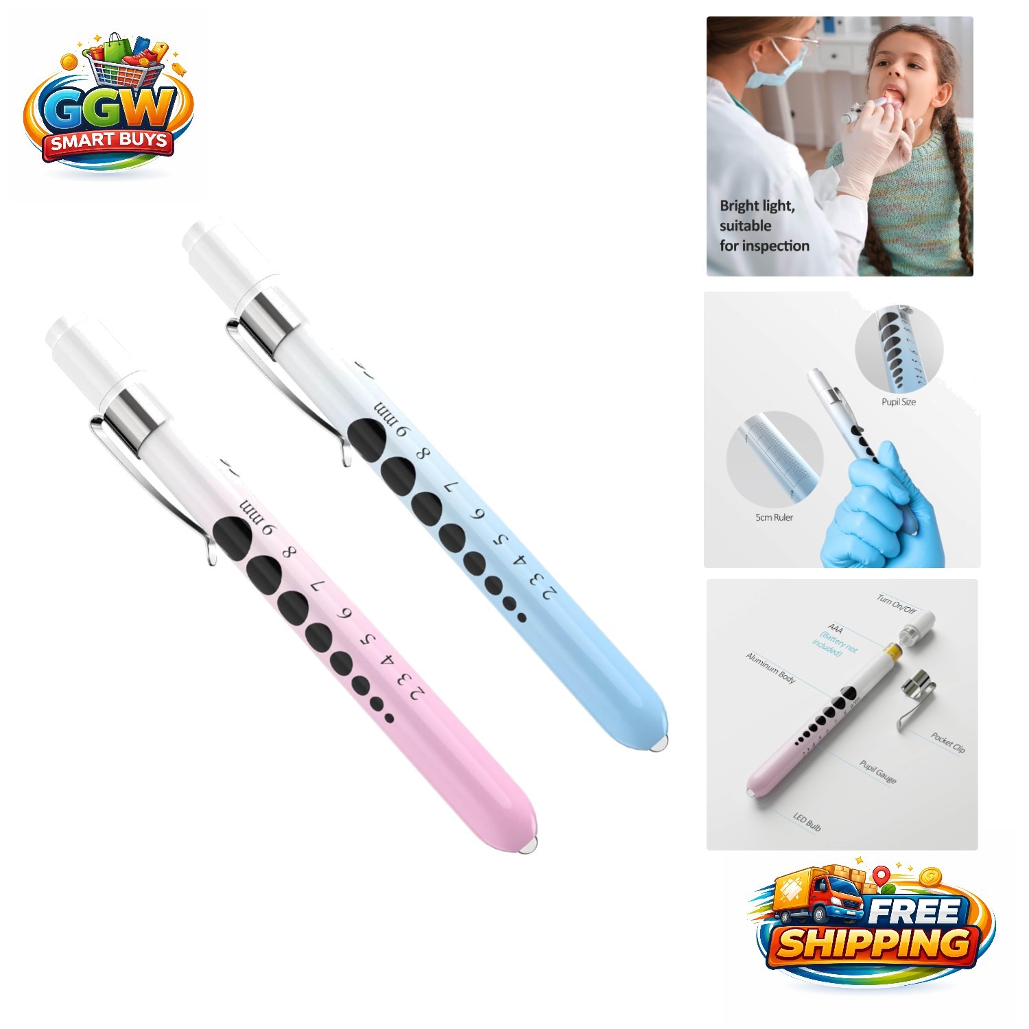 Lightweight 2-Pack LED Pen Lights in Gradient Pink & Blue with Ruler for Nurses
