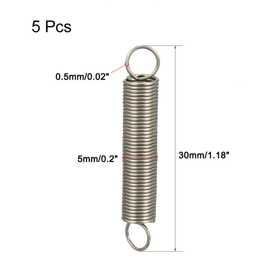 5pack Extended Tension Spring Wire Diameter 0.02″ OD 0.2″ Free Length 1.18″