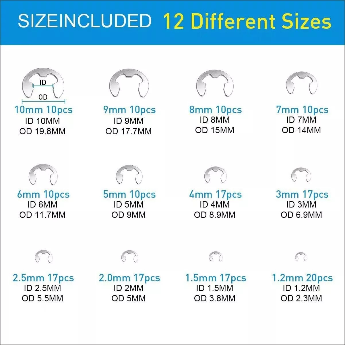327Pcs Stainless Steel E-Clip Circlip Kit Retaining Ring Assortment Set 24 Sizes