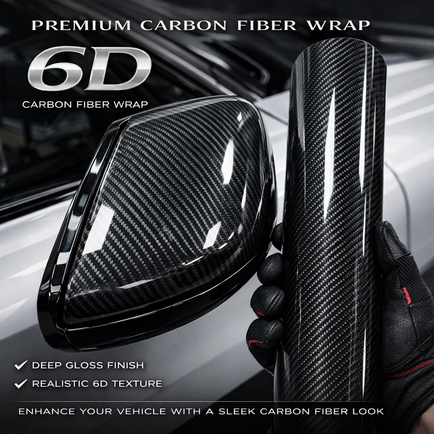 6D Carbon Fiber Vinyl Wrap, 1Ft X 5Ft High Gloss Self-Adhesive Vinyl Film