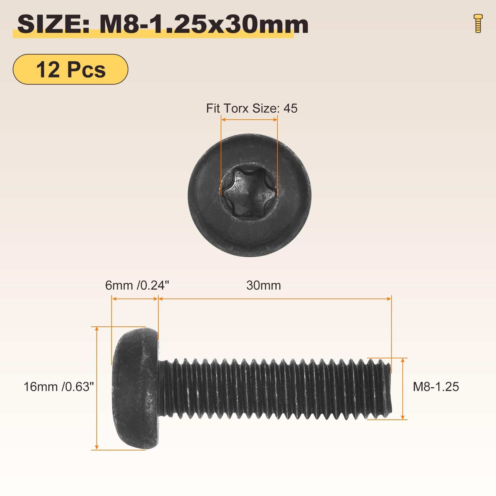 Pan Head Torx Security Screws Bolts (M8-1.25x30mm) 12Pcs, Button Torx Head Ma…
