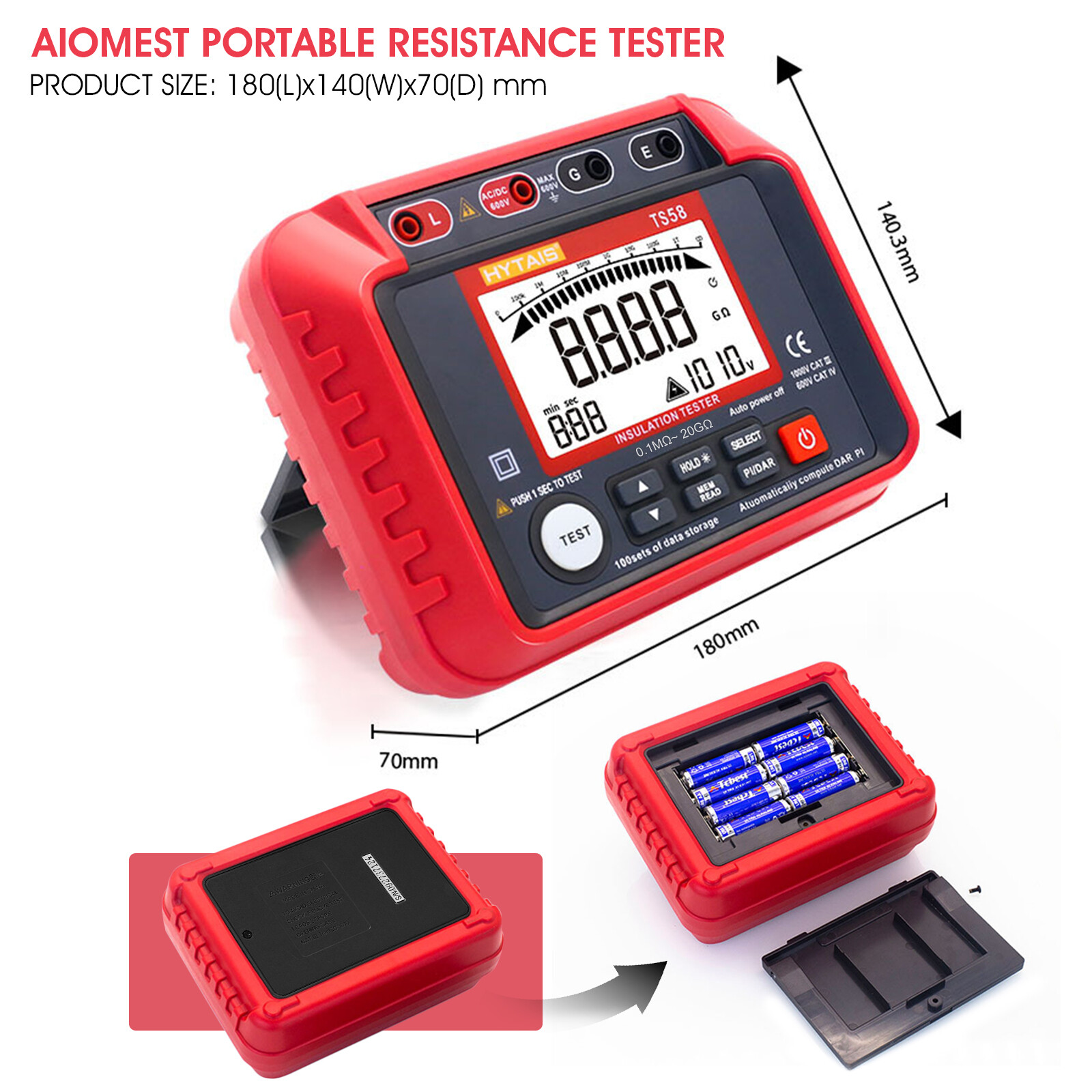 1000V Insulation Resistance Tester Megohmmeter Ohm, AC/DC Voltage Tester, PI/DAR