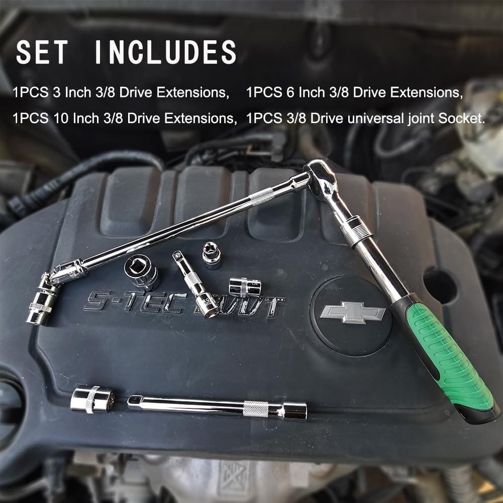 4-Piece 3/8 Inch Drive Extension Bar Set, Includes 3, 6, 3/8″ Drive, Silver