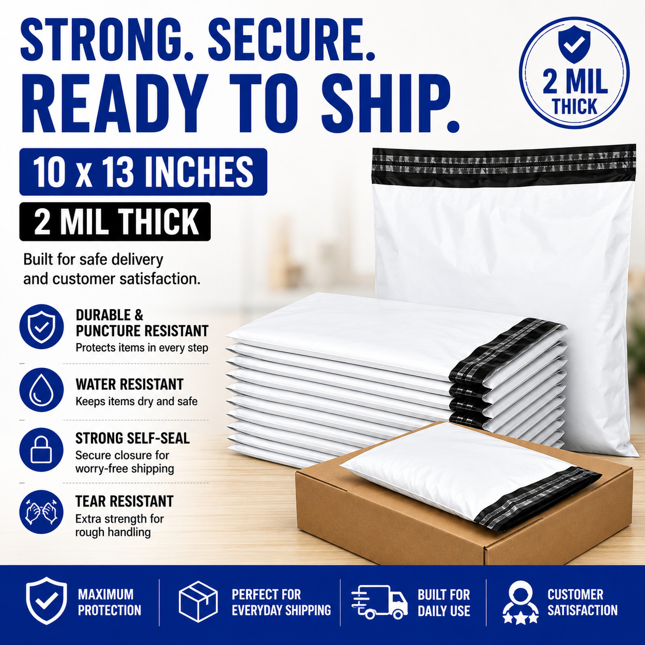 10×13 Poly Mailers 2 Mil White Shipping Bags Self Seal Waterproof Bulk Packs