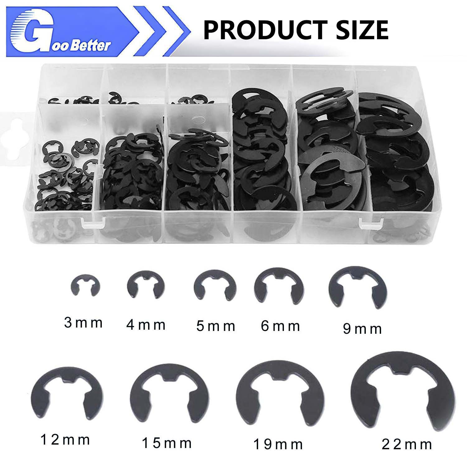 300 Pcs E-Clip Assortment Set Heat Treated High Carbon Circlip Kit 9 SAE Sizes
