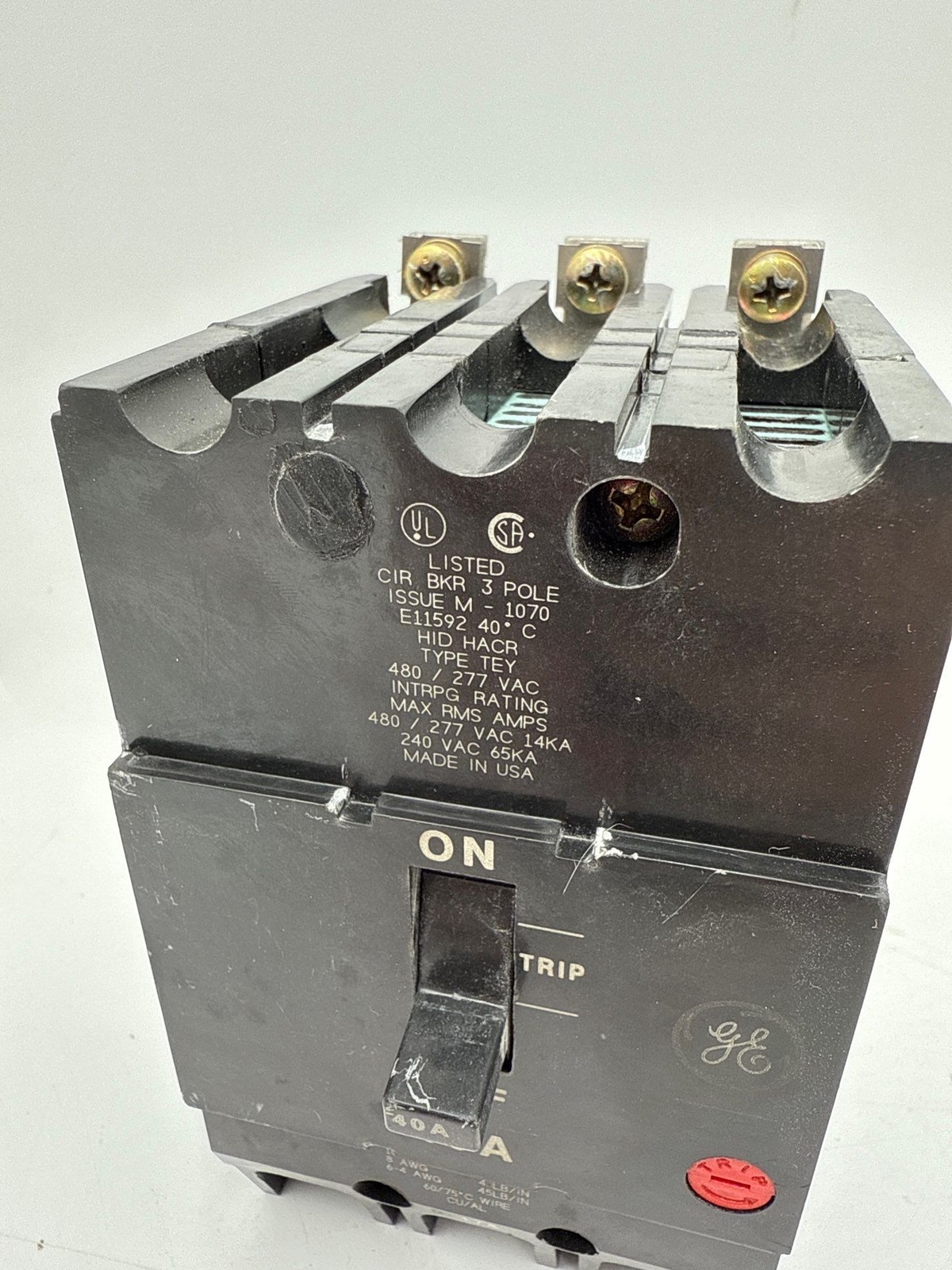 General Electric TEY340 Circuit Breaker 40A 3P 480V TEY 3PH 3 pole 40 Amp Used