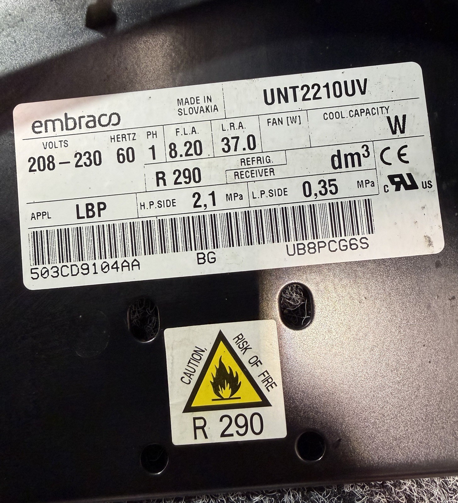 Embraco UNT2210UV Condensing Unit R290, 208-230V, 1 Phase, LBP, 1-1/4 HP