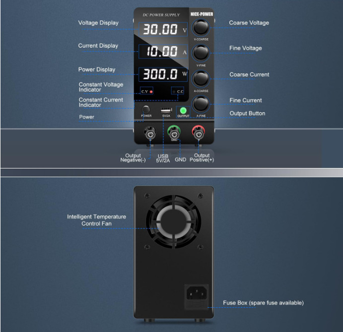 Fuente de Alimentación DC Ajustable 30V 10A con Pantalla LED y Puerto USB 5V, r