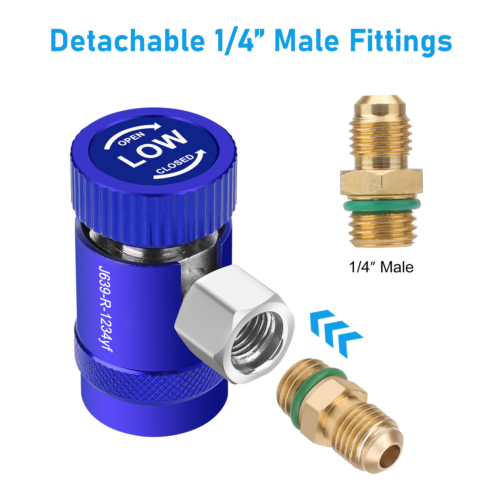 R1234YF Quick Coupler Adapter & 1/4″ Flare Fitting, Adjustable HP & LP Connector