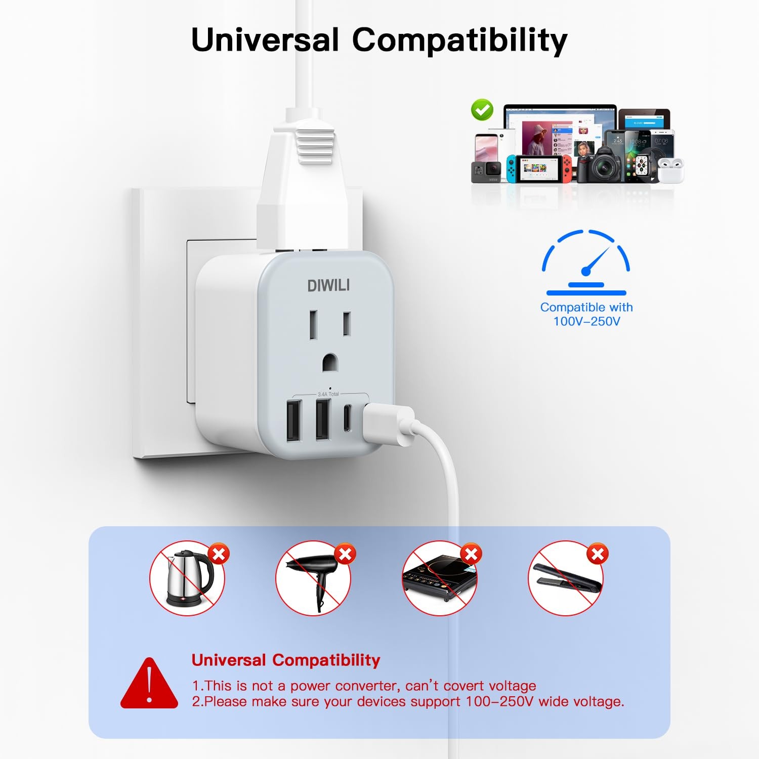US to India Travel Plug Adapter, Foldable India Power Adapter with 4 USB(2 US