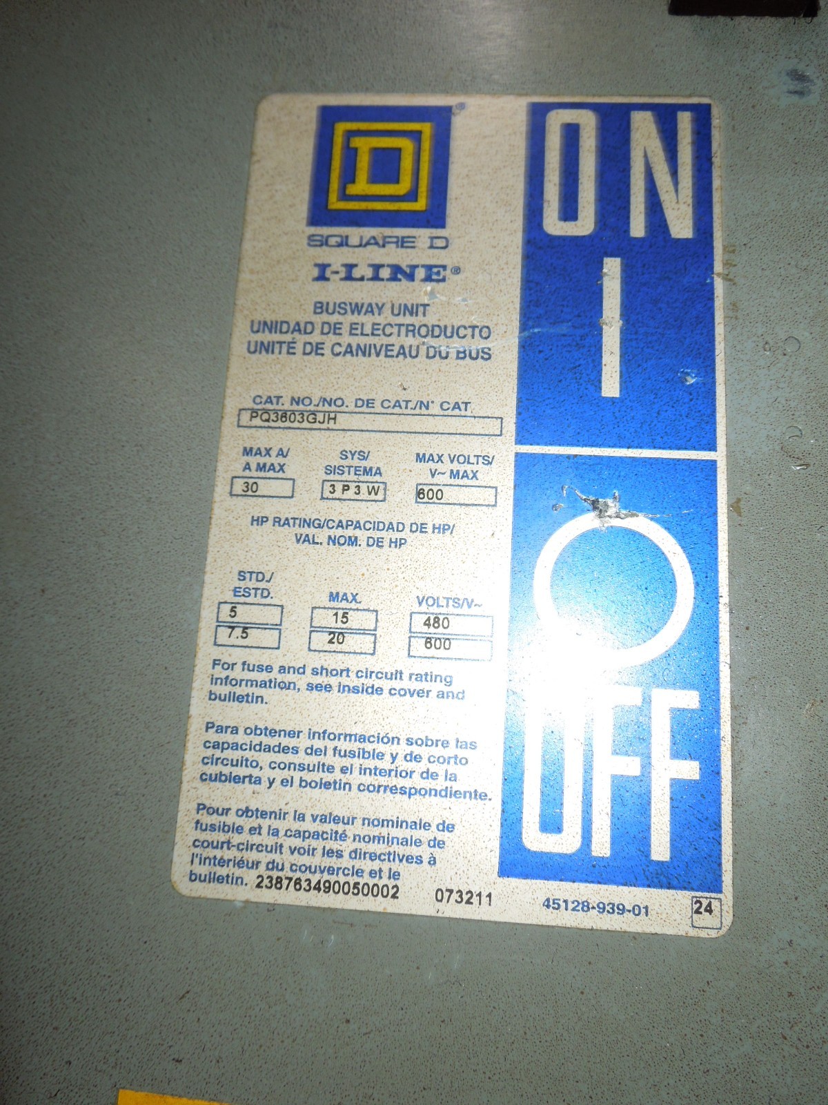 Square D PQ3603GJH 30A 3ph 3W w/ Ground 600V Fusible I-Line Busway Switch