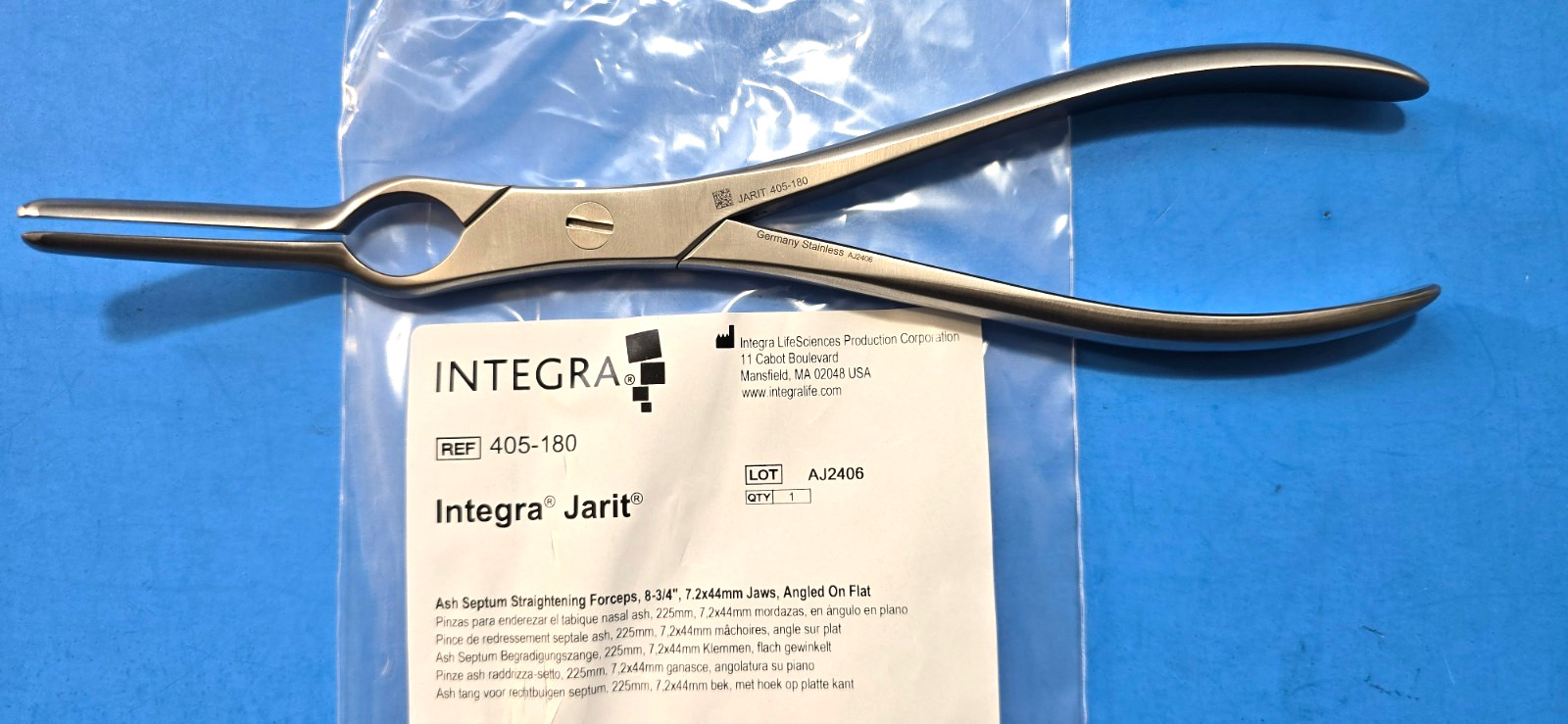 INTEGRA Jarit 405-180 Surgical Ash Septum Forceps Curved 8 3/4″ Angled