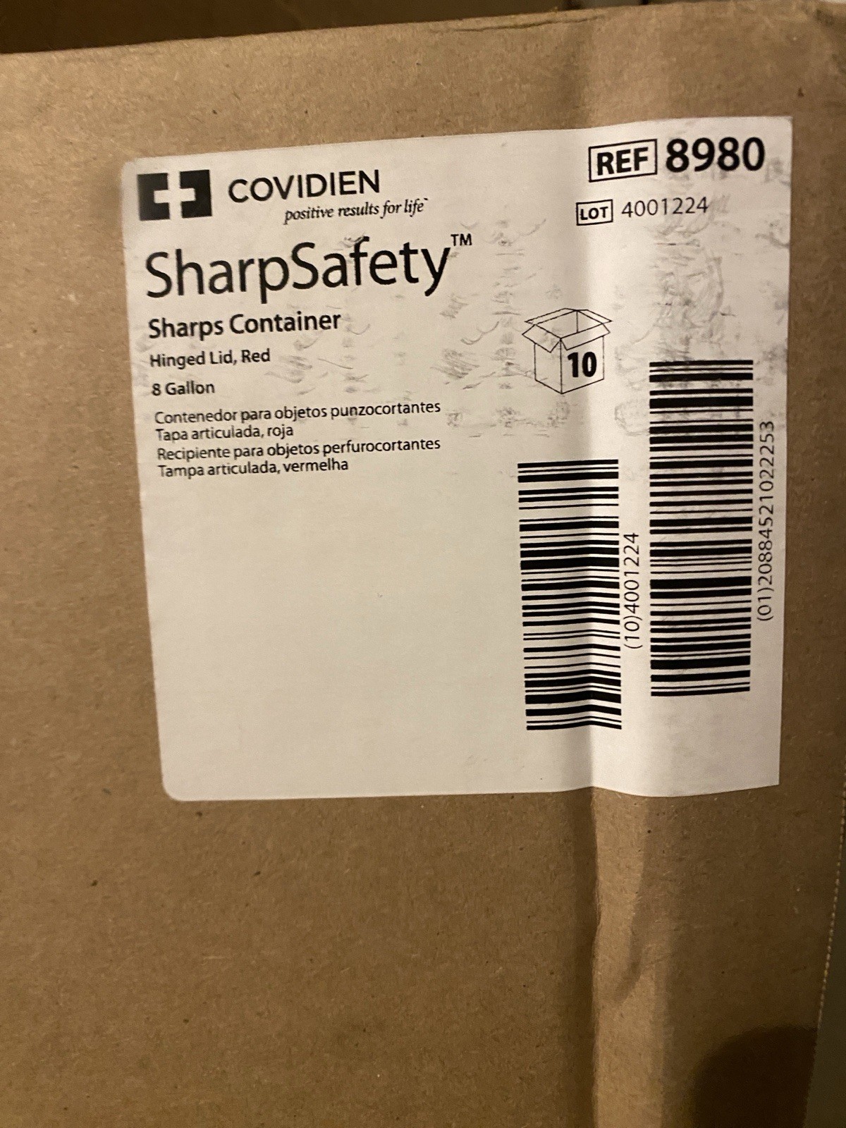 1 Case/10ct 8 galRed SharpSafety Sharps Container Hinged Lid Covidien 8980