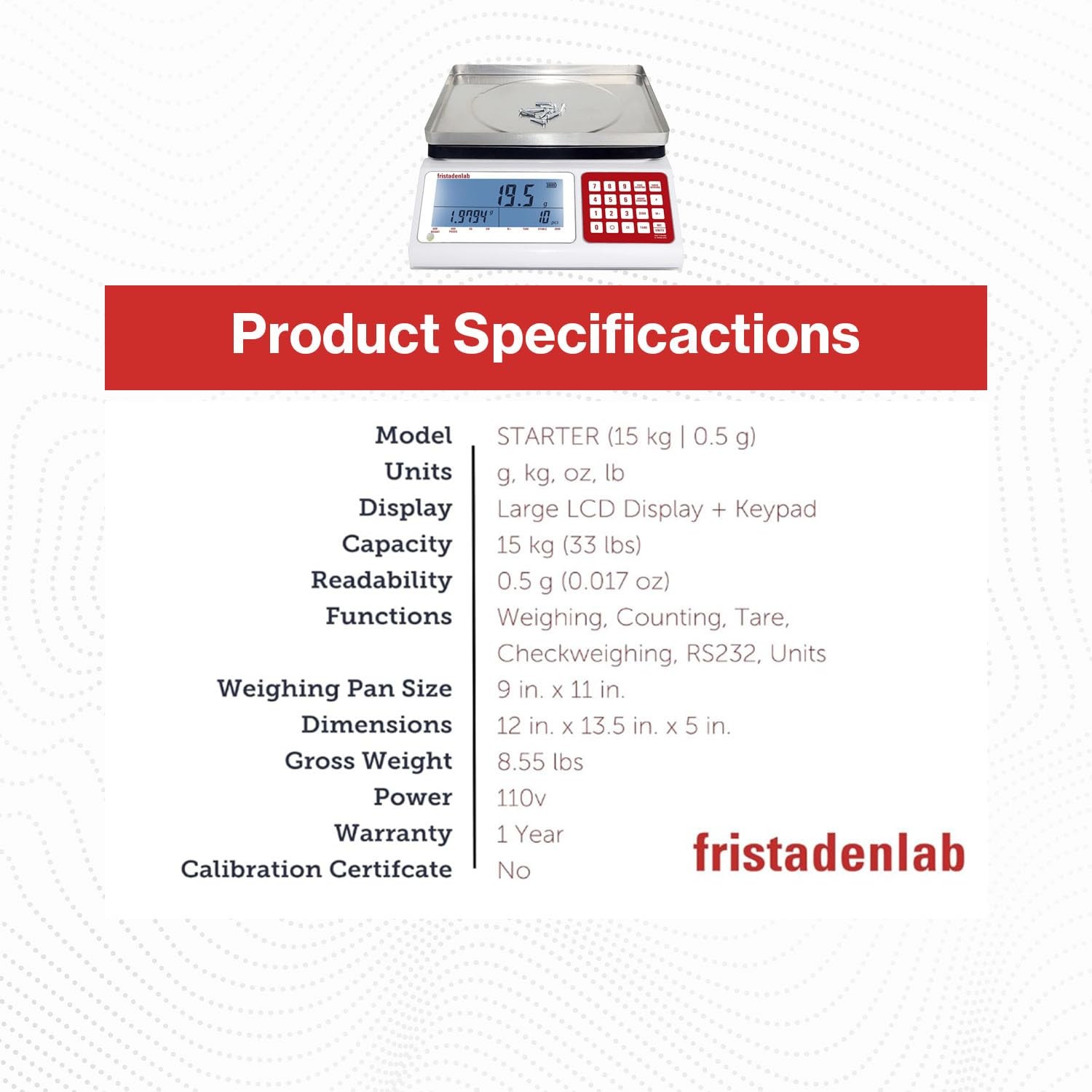 Industrial Counting Scale – 30kg x 0.5g | Fristaden Lab | Units: g, lbs, oz, kg