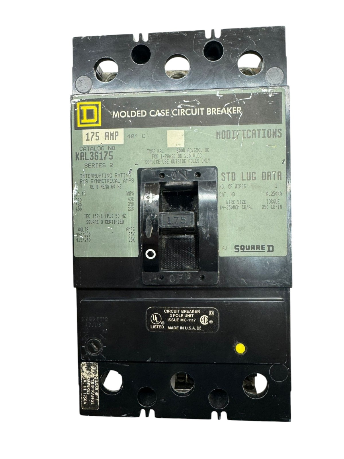 Square D KAL36175 Molded Case Circuit Breaker, 3-Pole, 175A, 600VAC, 250VDC