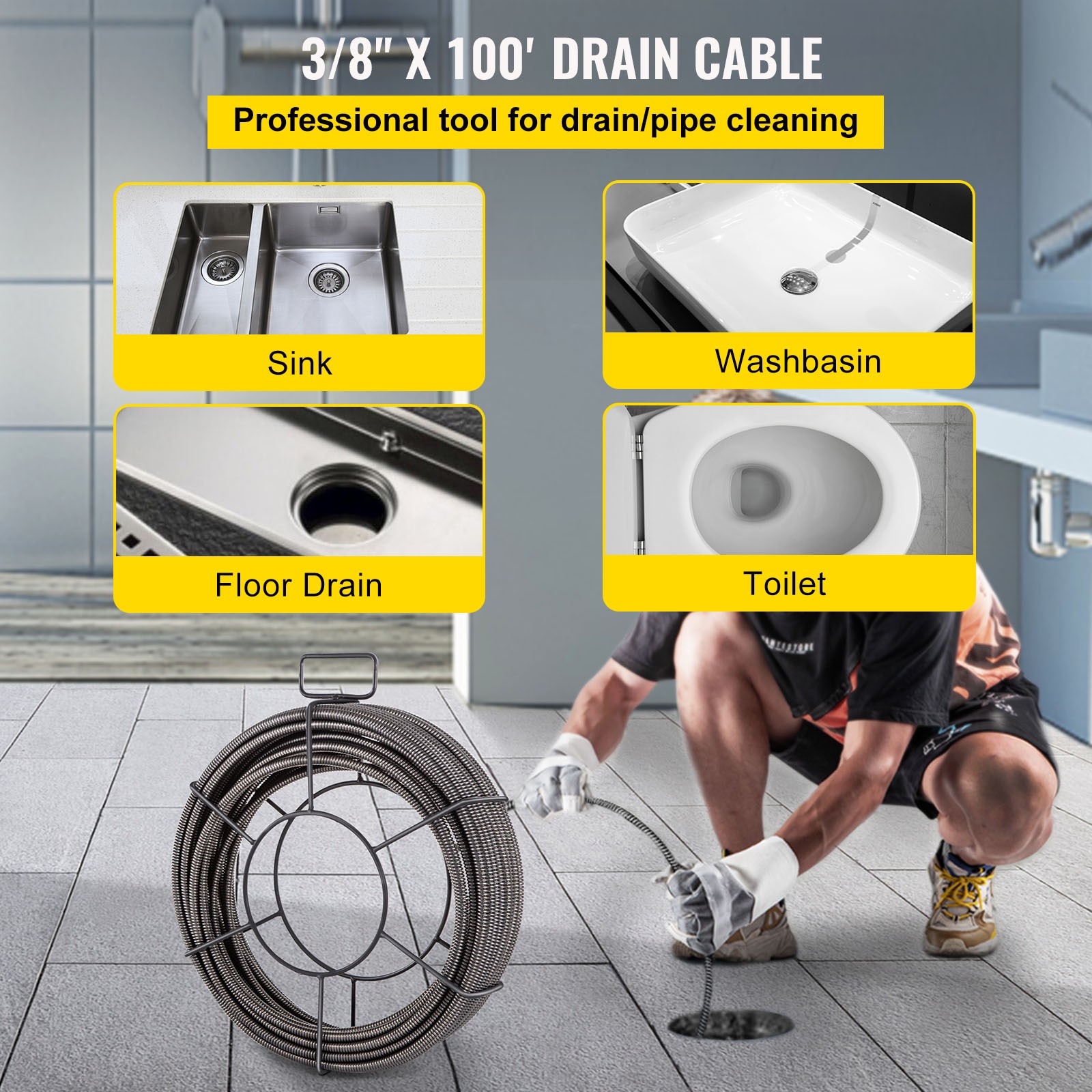 VEVOR Drain Cable Sewer Cable 100Ft 3/8In Drain Cleaning Cable Auger Snake Pipe