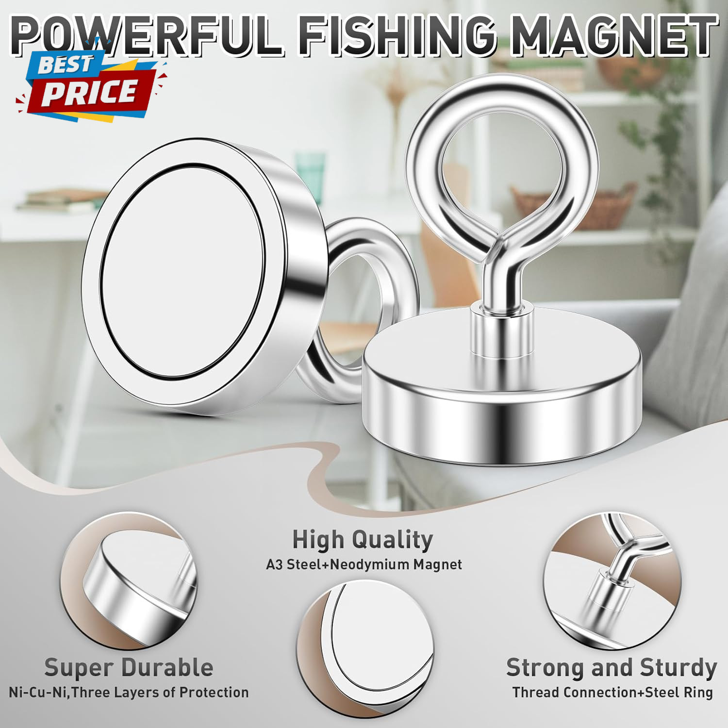 Neodymium Fishing Magnet, 150 LBS Pulling Force Strong Magnet with Lifting Eye-B