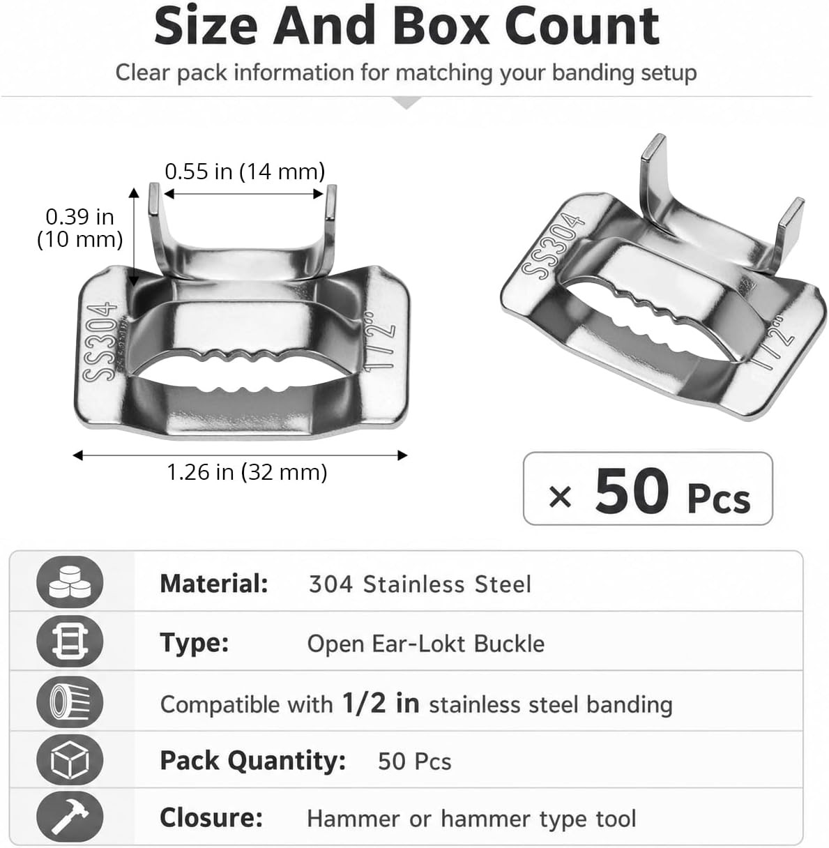 50Pcs 1/2″ 304 Stainless Steel Strapping Buckles Metal Banding Clips Heavy Duty