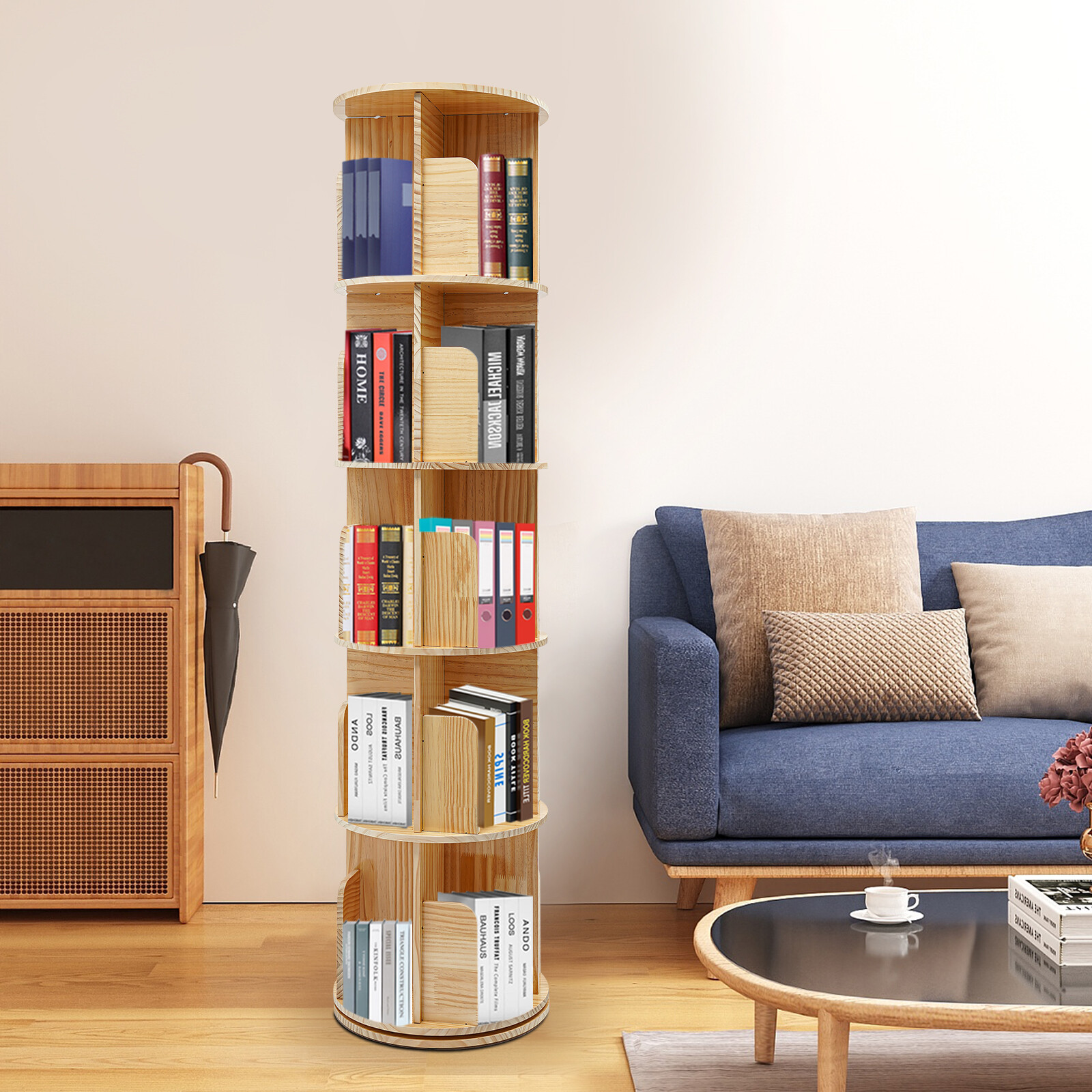 5 Tier Floor Standing Bookcase 360° Rotating Bookcase Floor Standing Bookshelf