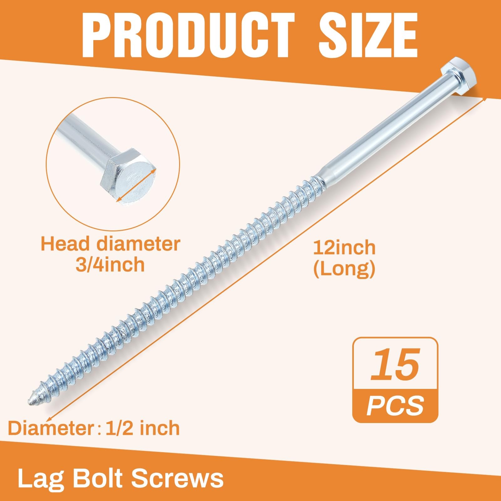 Tandefio 1/2″ x 12″ Lag Bolt 15 Pack Lag Screws Galvanized for Wood 1/2 Inch …