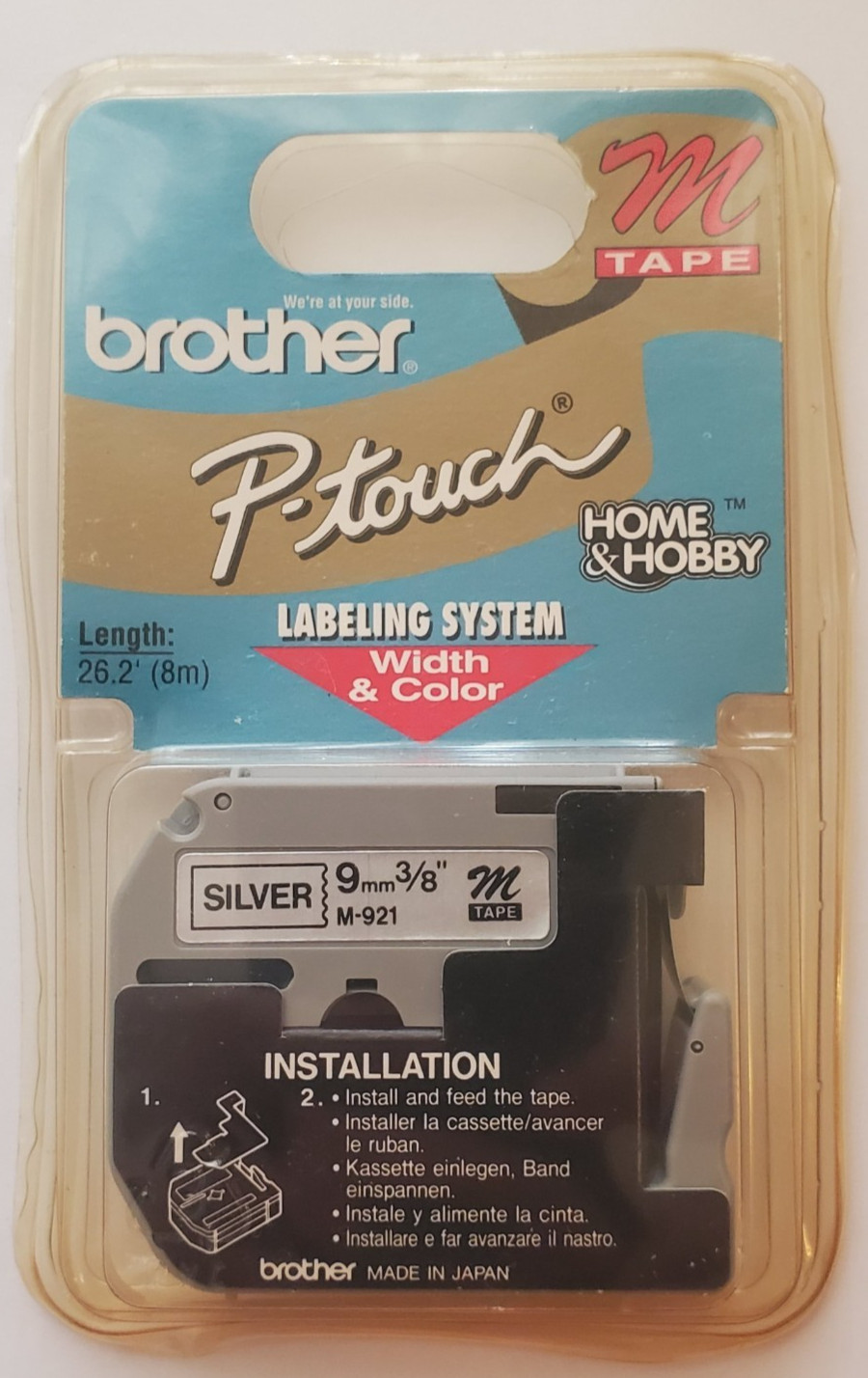 Brother M921 P-Touch Tape, 9mm, 3/8″ Black on Silver, New Sealed