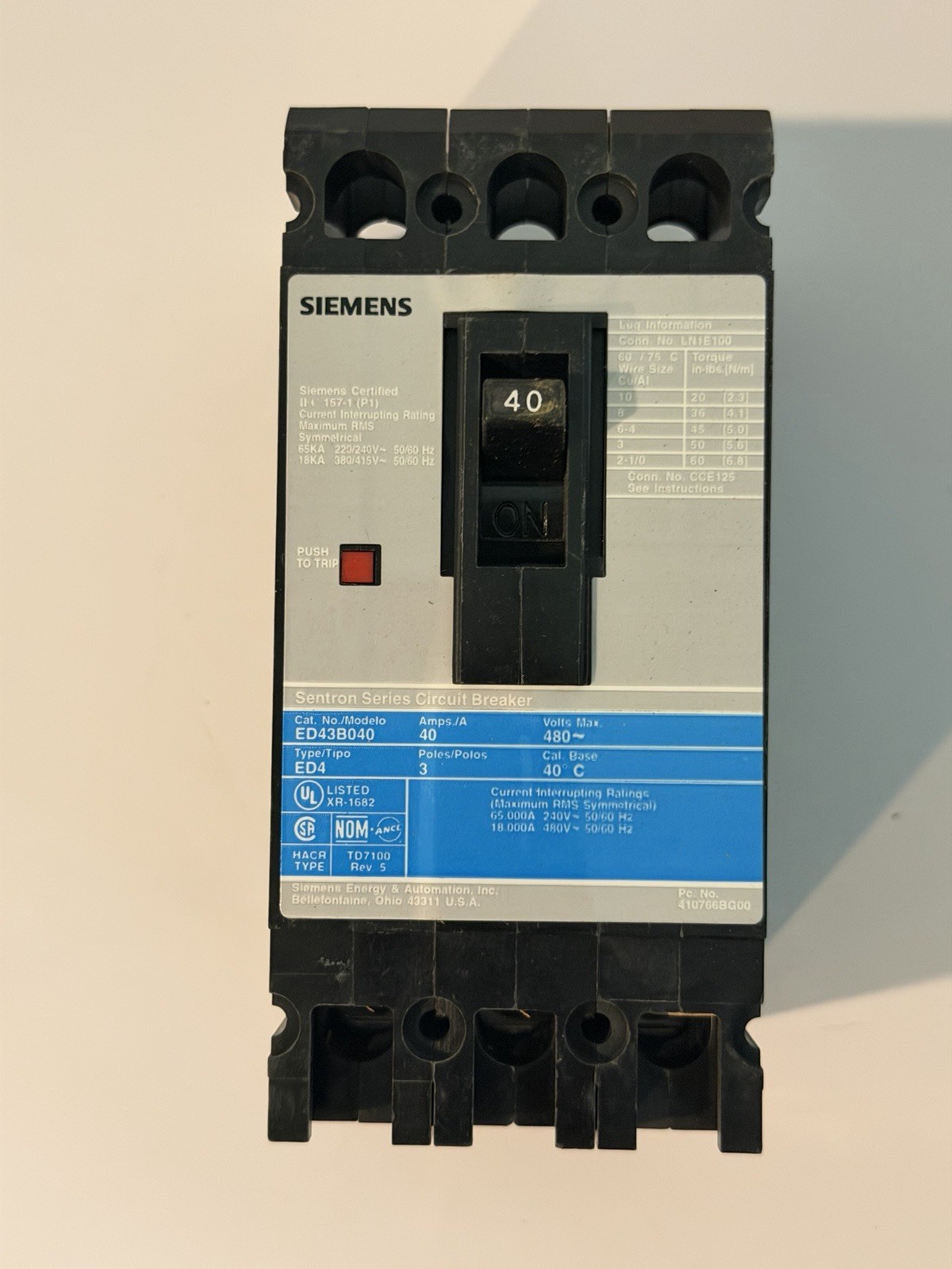 Siemens Sentron ED43B040 Molded Case Circuit Breaker ~ 40 Amp, 480V Ac, 3 Pole
