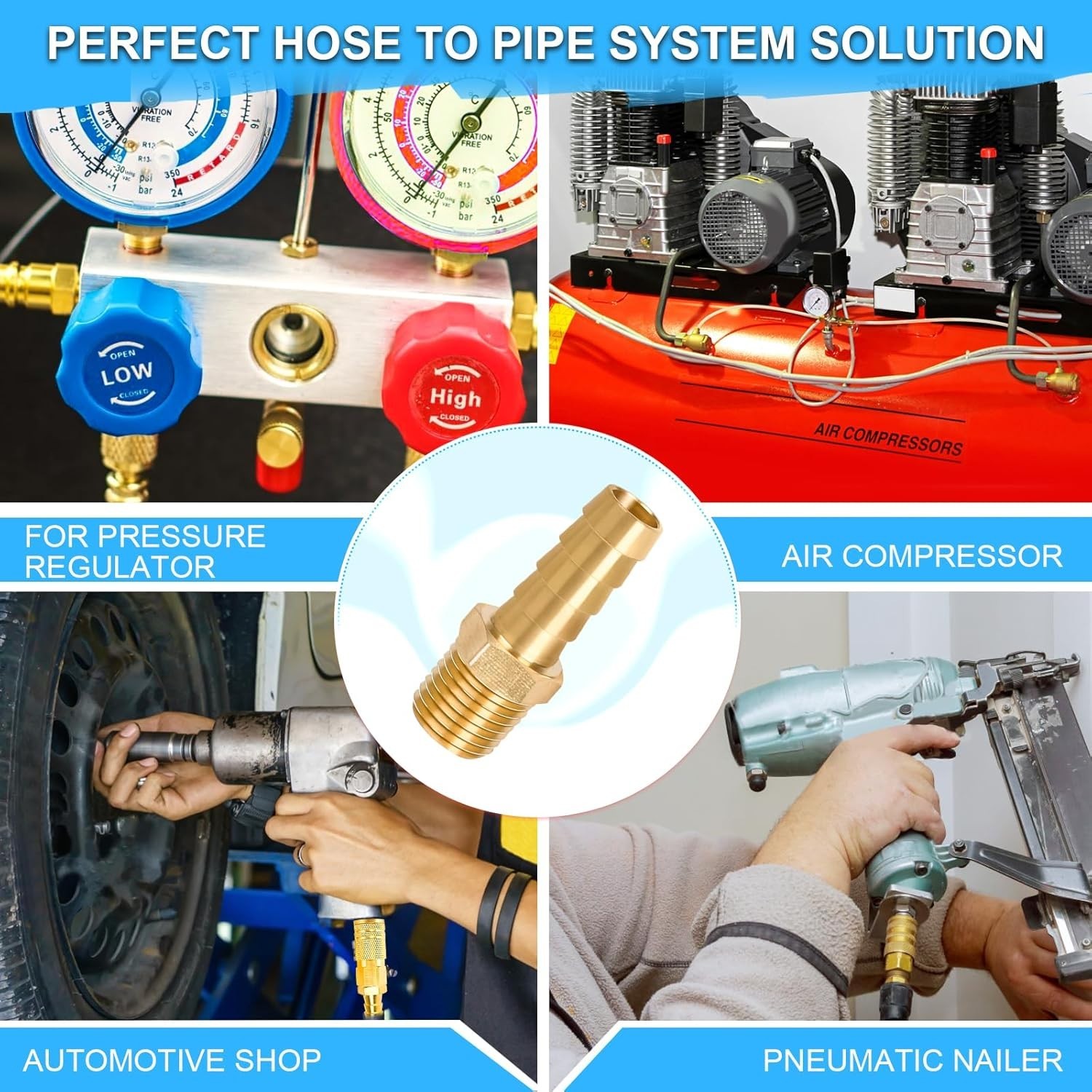 6 Pcs Brass Hose Barb Fittings, 1/4 NPT to 3/8 Barb, Barbed Hose Fittings, Male