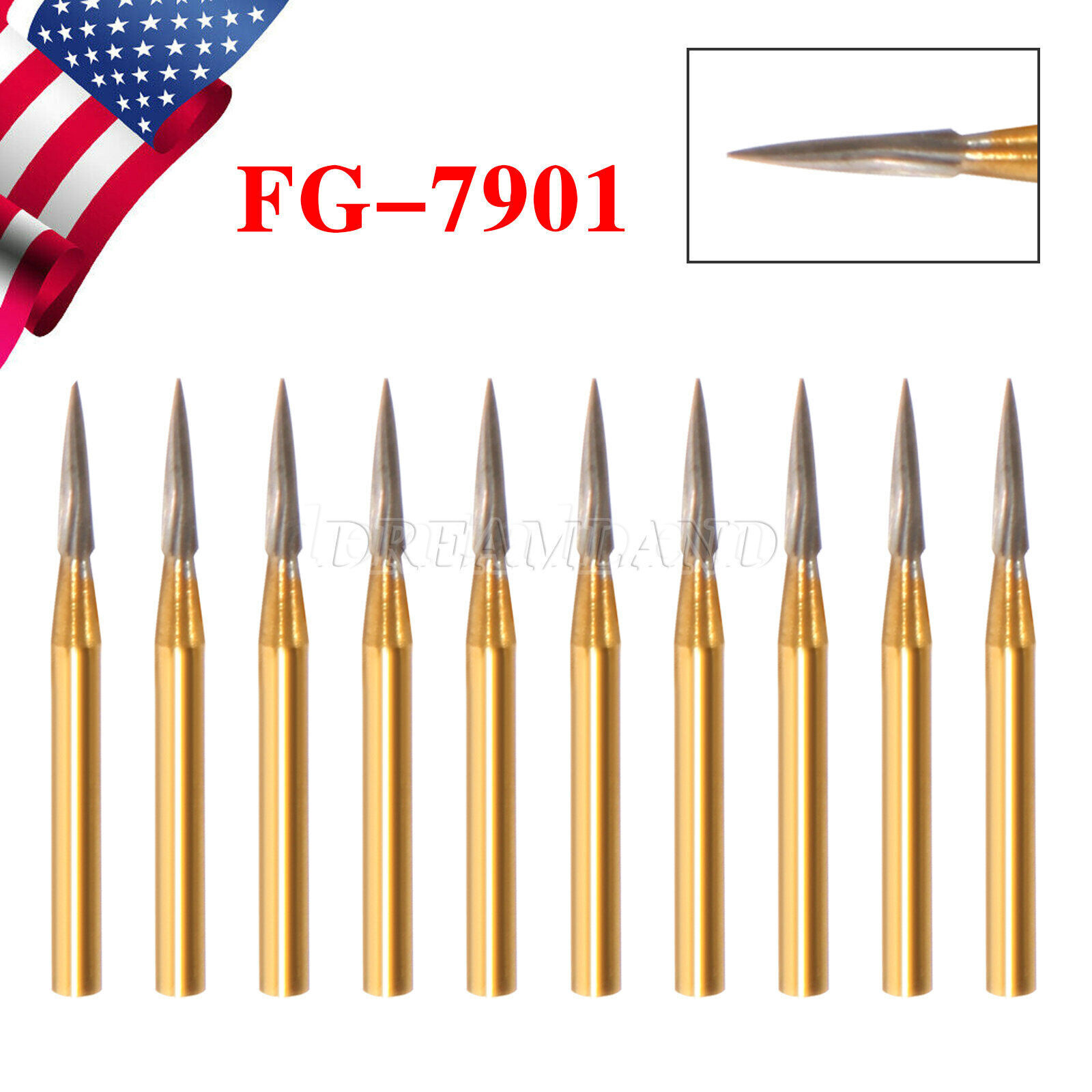 Dental Tungsten Carbide Gold Bur Trimming & Finishing & Polishing Flame FG7901