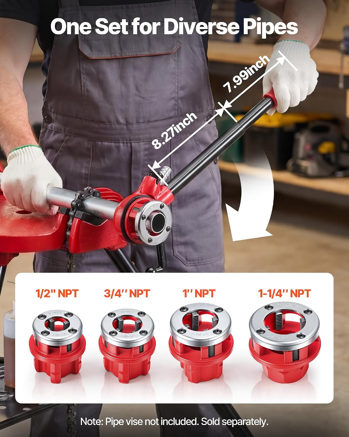 Ratchet Pipe Threader Kit with 4 Dies, 1/2″ NPT, 3/4″ NPT, 1″ NPT, 1-1/4″ NPT Ma