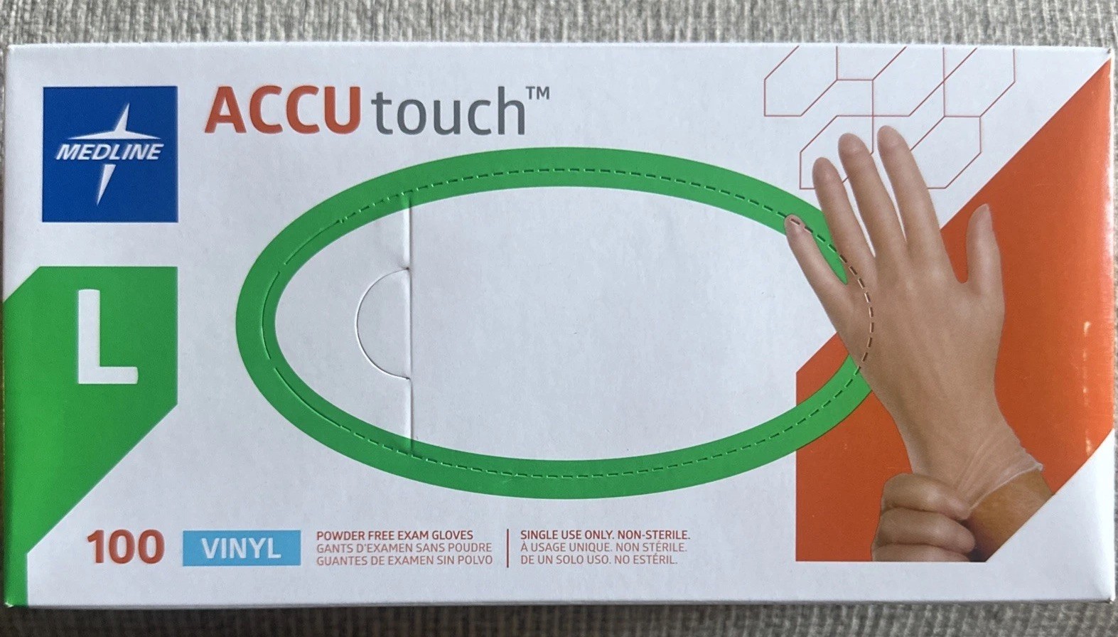 Medline ACCU Touch Vinyl Power Free Exam gloves 100 ct per box, size Large