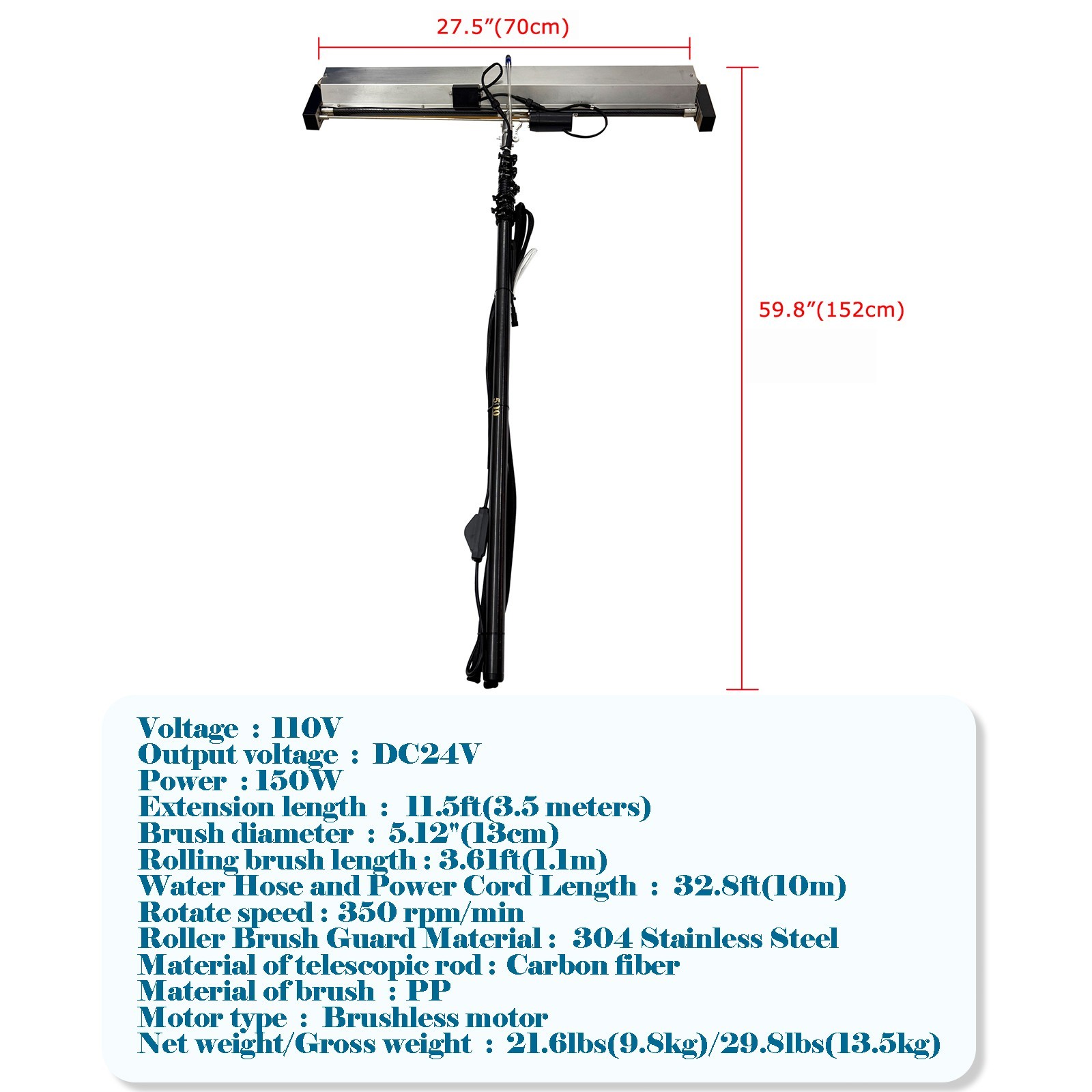 Electric Photovoltaic Panel Cleaning Machine 110V 11.5FT Pole 1.1M Roller Brush