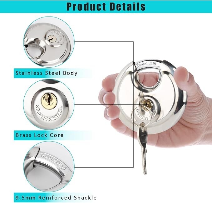 2 Pack 70mm Stainless Steel Armor Trailer Round Padlock / Shielded Shackle Key
