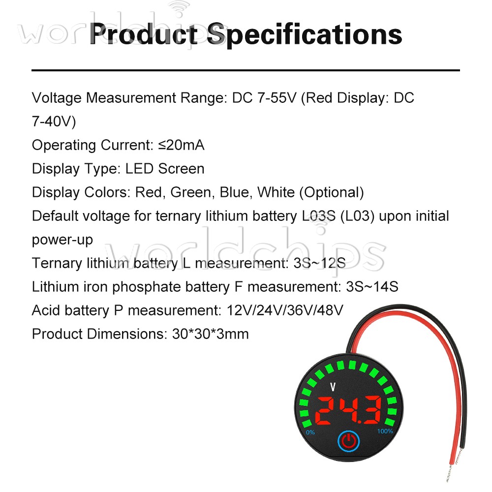 5pcs DC7-55V Acid/Li-ion Volt Indicator Battery Level Display Power-Off Memory