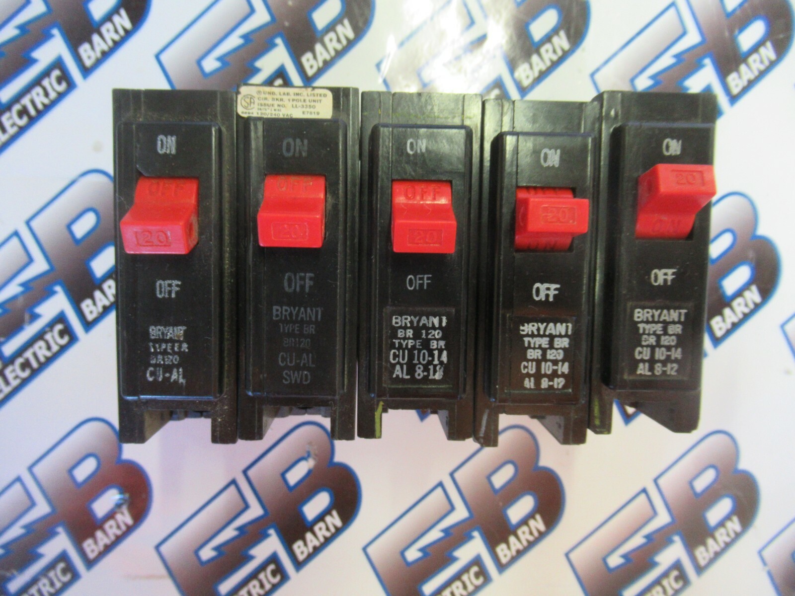 BRYANT BR120, (1) LOT OF (5) 20 Amp, 120 Volt, 1 Pole, Plug-In Breaker- WARRANTY