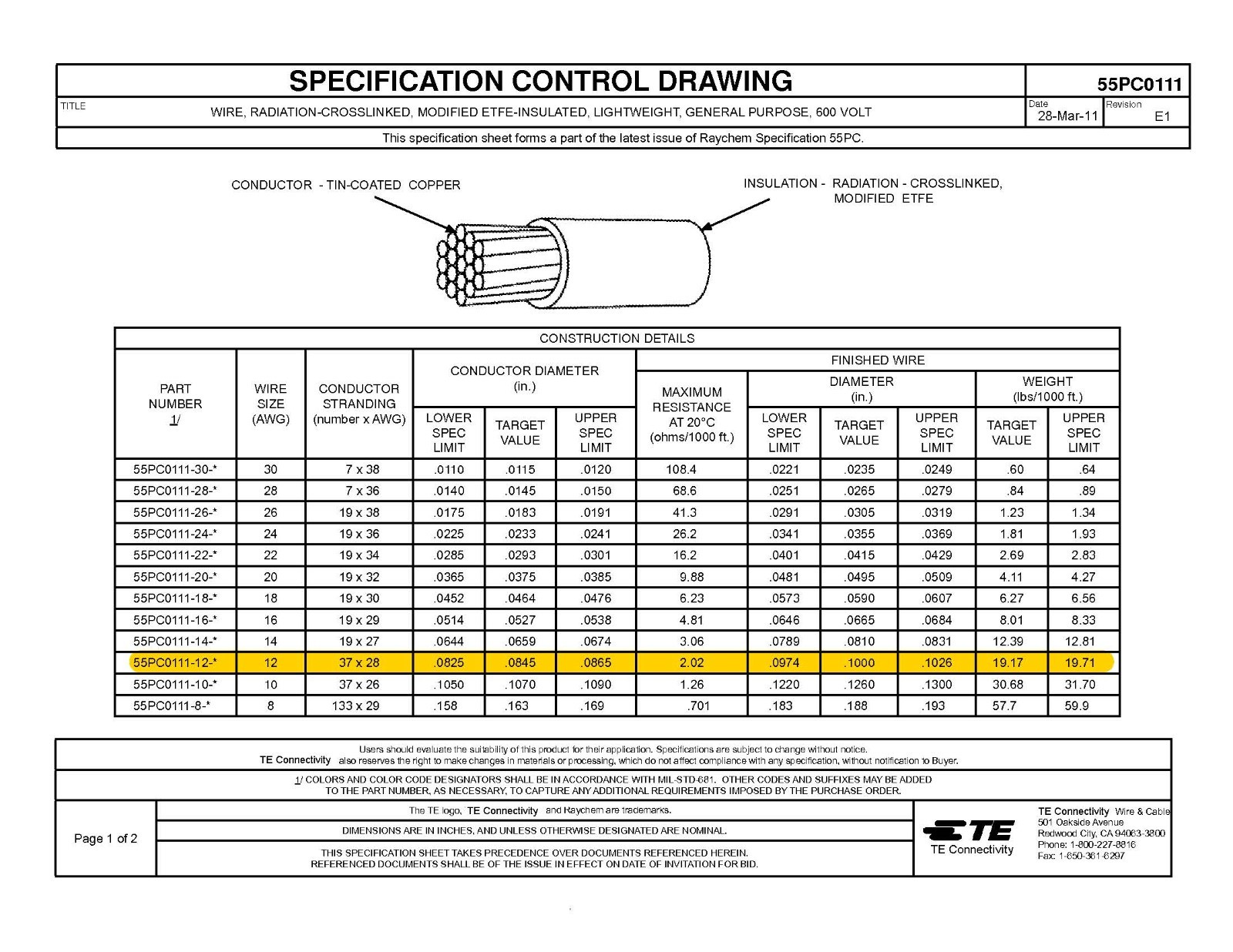 Raychem 55PC1131-12-2/4/6-9 12/3C Shielded ETFE/Tefzel Cable 150C White /10ft